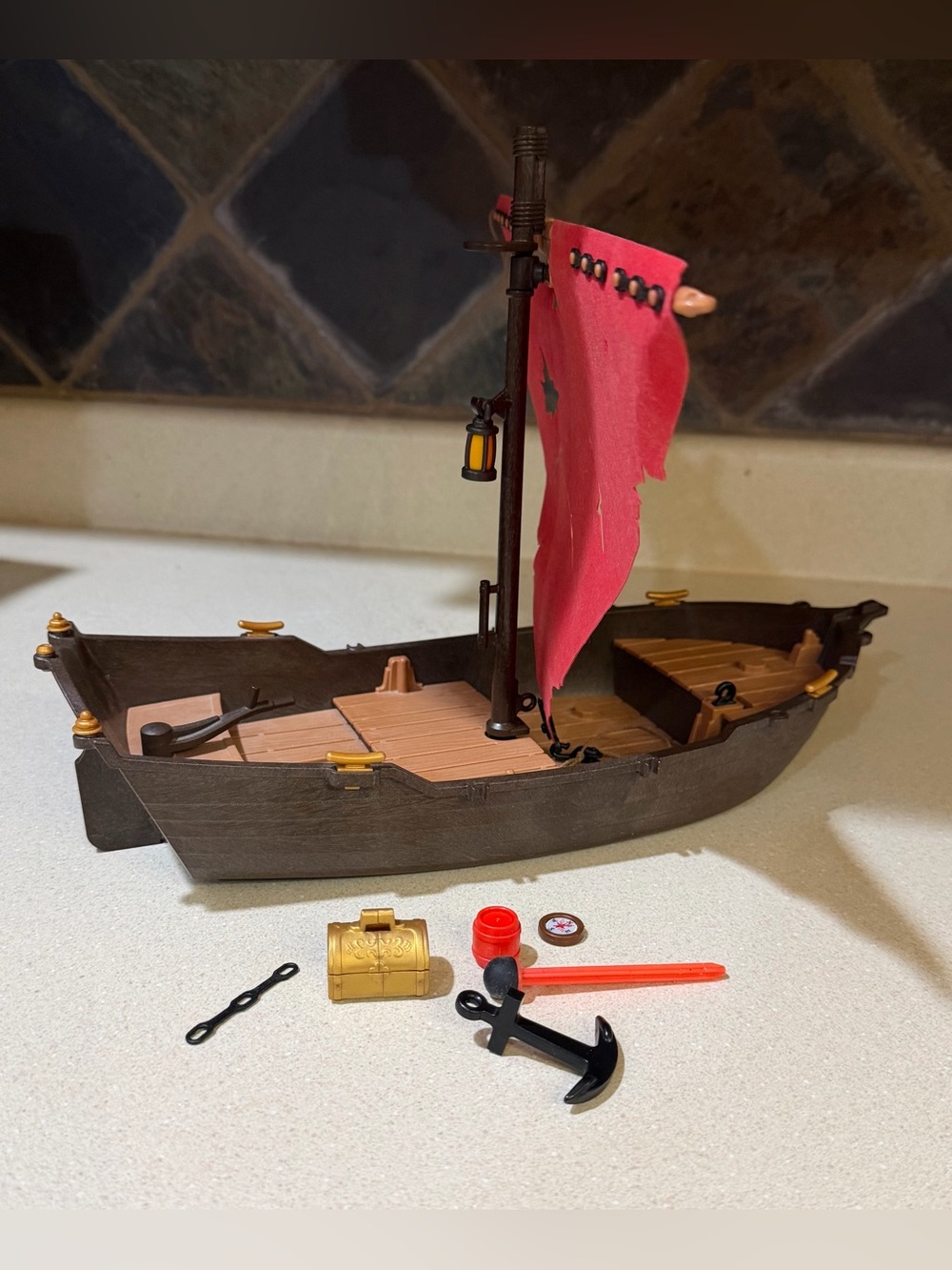 Playmobil-Kids Pirate Boat Dingy Playset w/Red Sail, Misc Pieces - Not complete